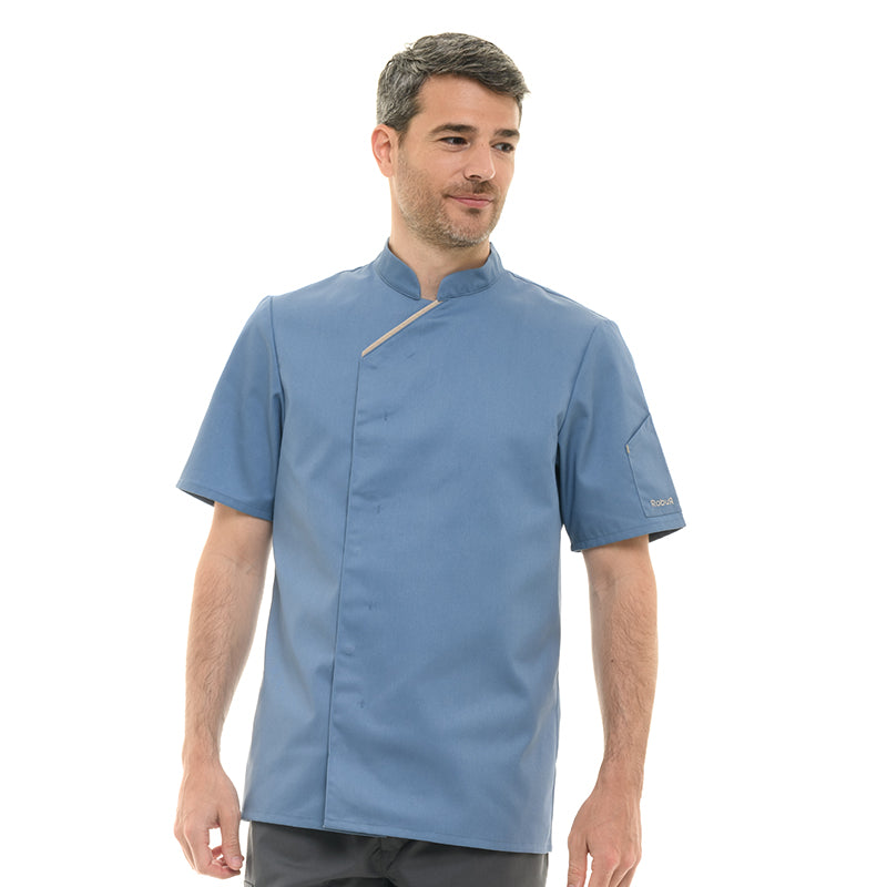 Classic blue chef jacket with long sleeves.