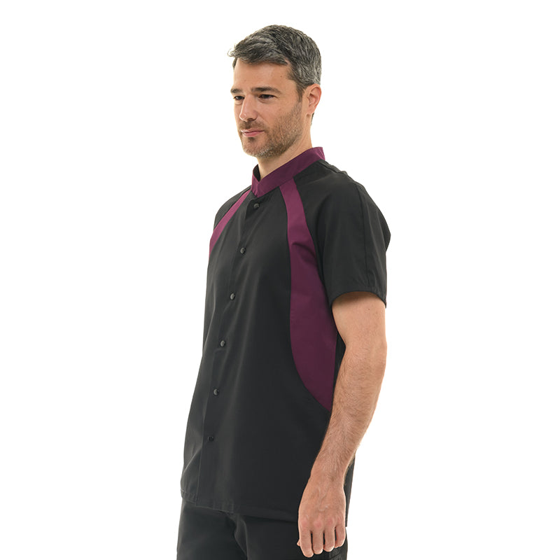 Black and plum dual-color chef jacket, short sleeves