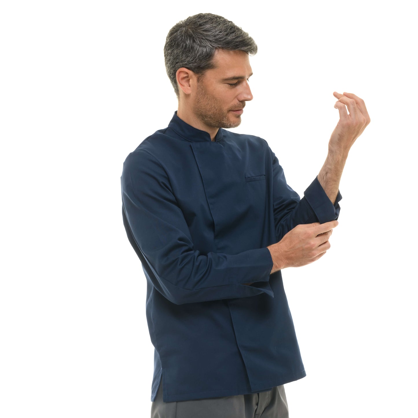 Stylish navy blue culinary jacket by Manelli, perfect for kitchen staff seeking comfort and durability.