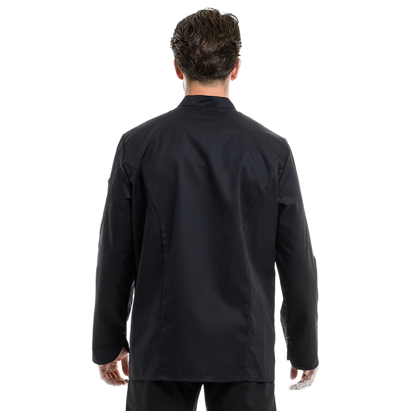 Stylish black long-sleeved chef coat by Robur