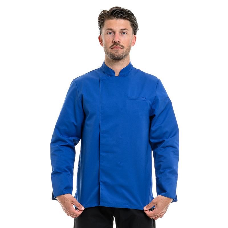 Contemporary long-sleeved royal blue chef uniform