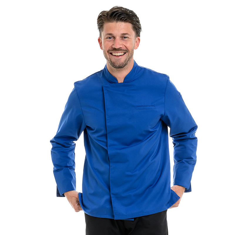 Royal blue chef's jacket with long sleeves and modern design