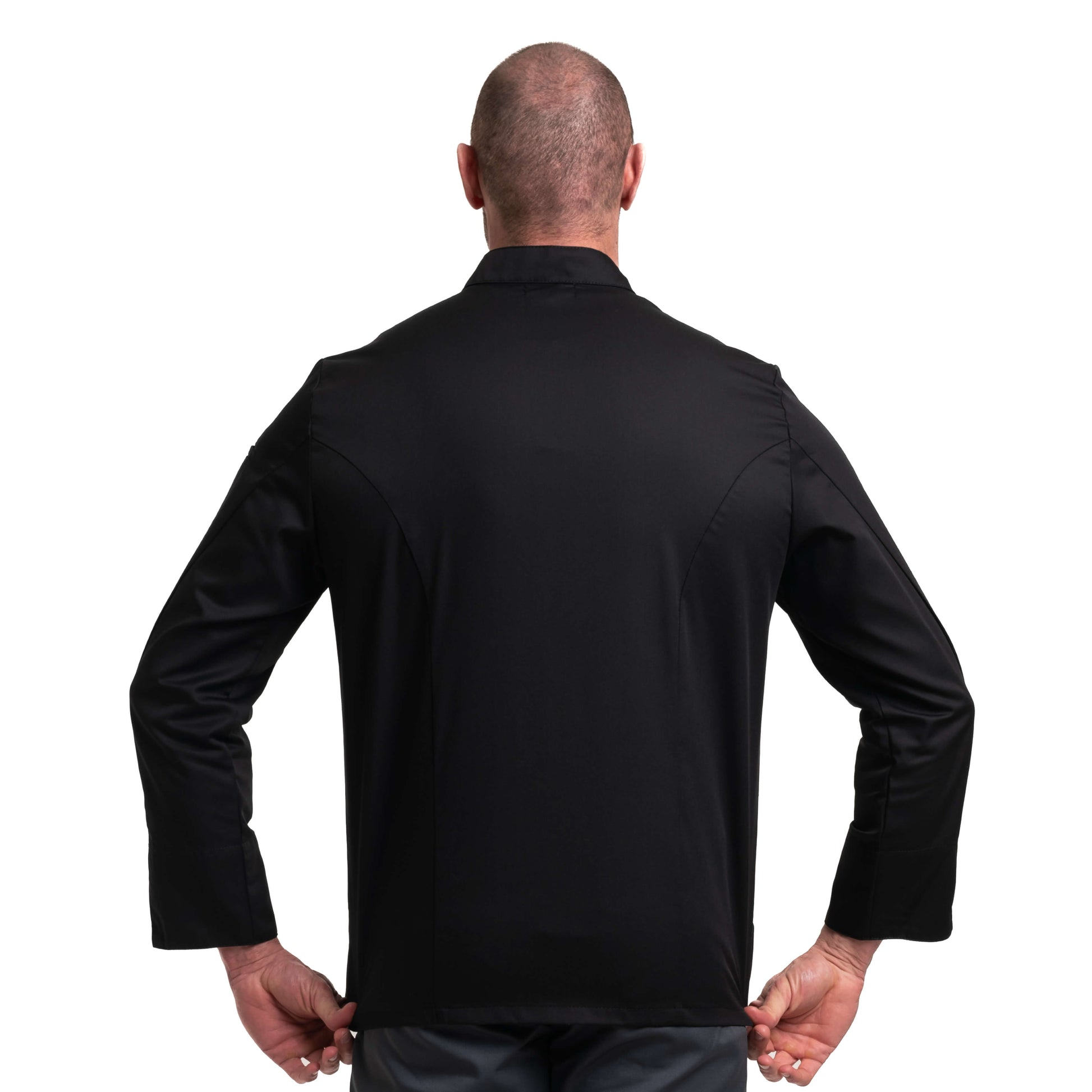 Black Manelli chef jacket with long sleeves, designed for professional chefs.