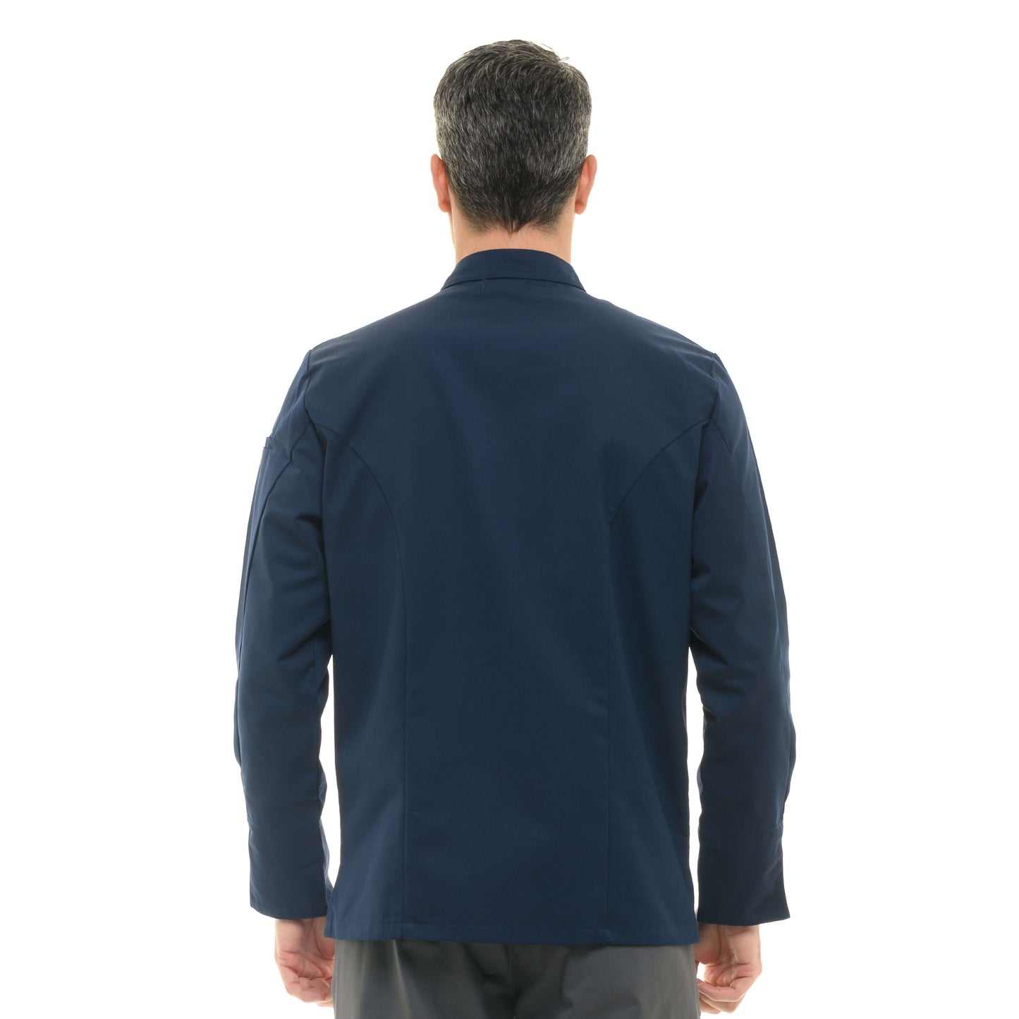 Manelli's navy blue kitchen uniform, combining elegance and functionality for chefs.