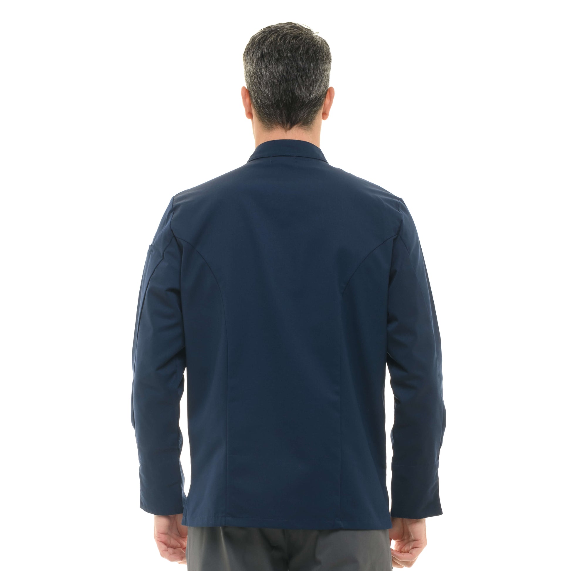 Manelli's navy blue kitchen uniform, combining elegance and functionality for chefs.