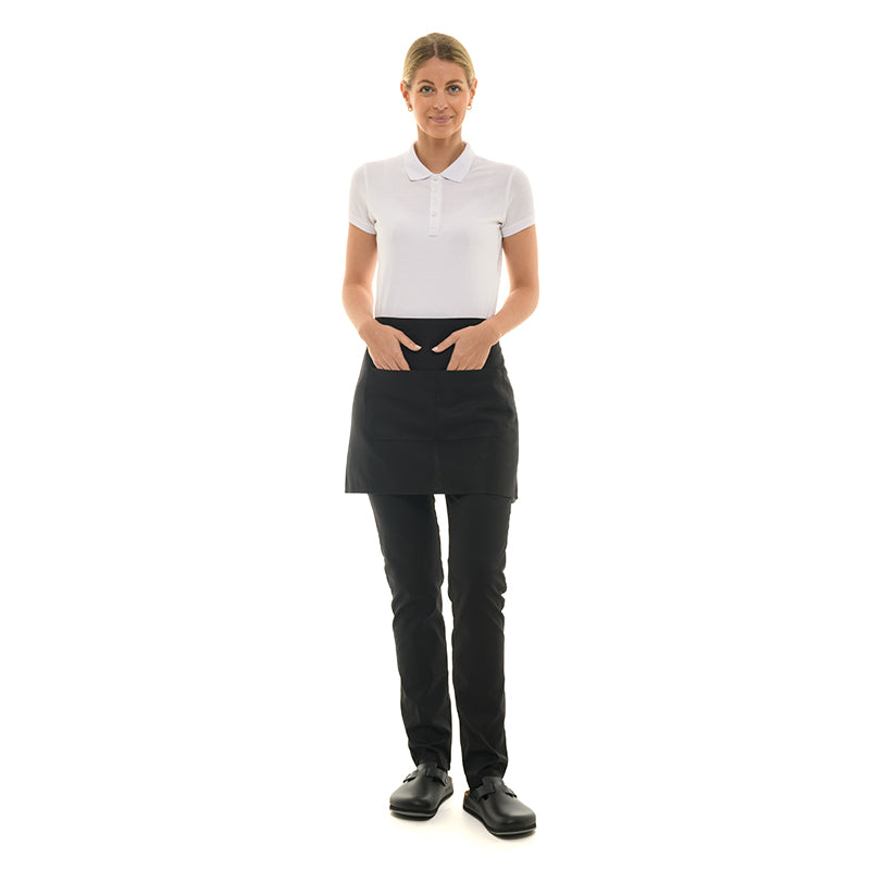 Manelli short black server apron, sleek and functional for fast-paced service.