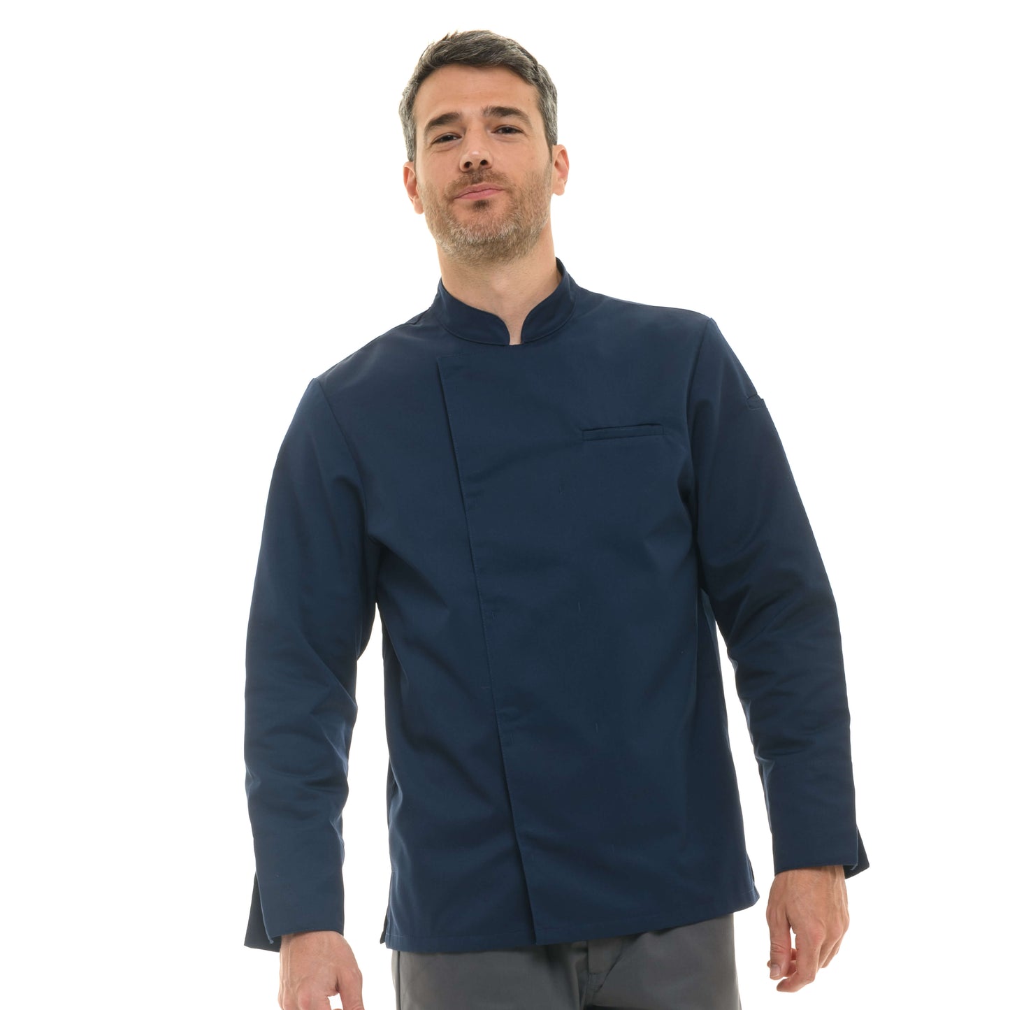 Navy blue chef jacket by Manelli, tailored for culinary professionals with long sleeves.