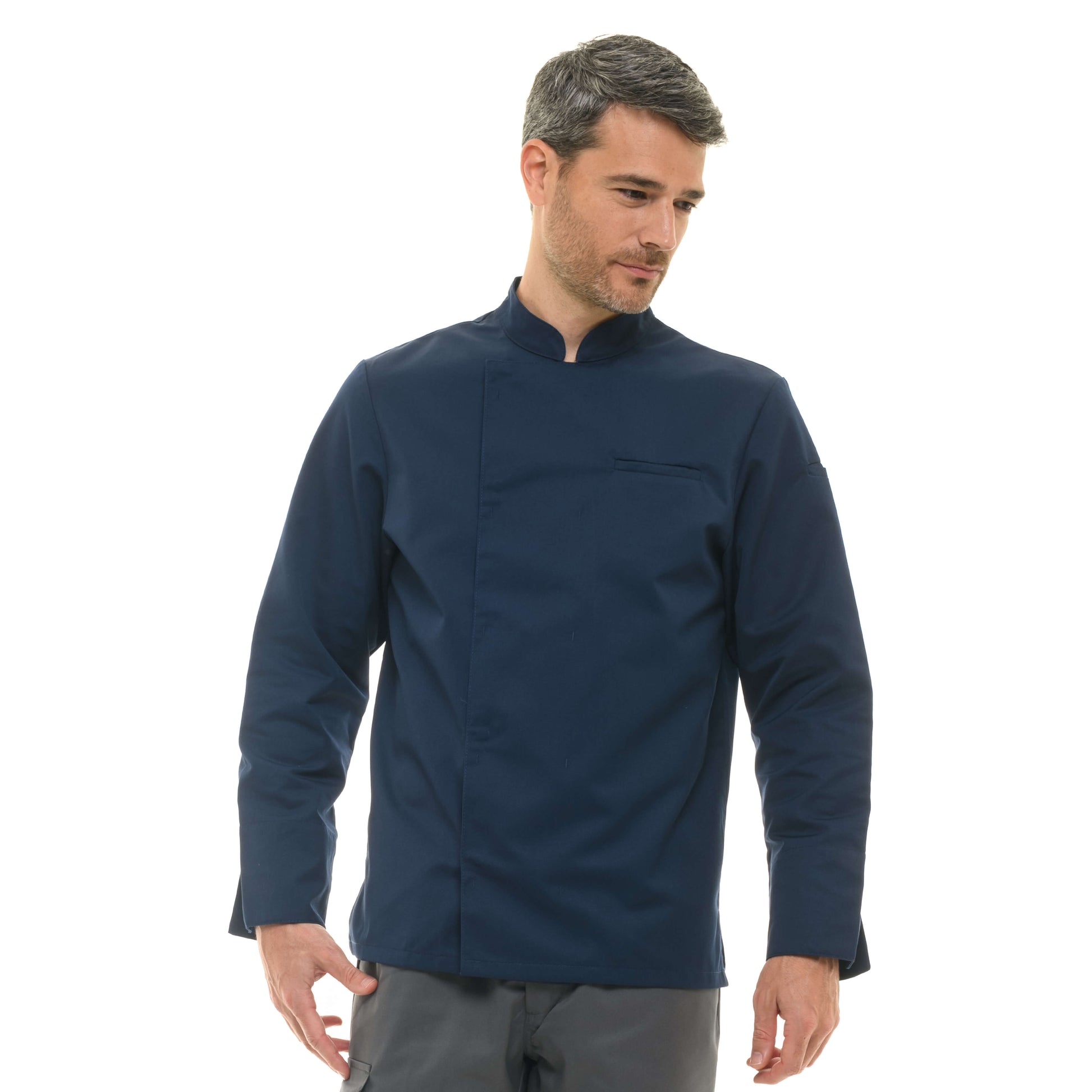 Professional navy blue kitchen jacket from Manelli, designed with long sleeves for chef's safety.