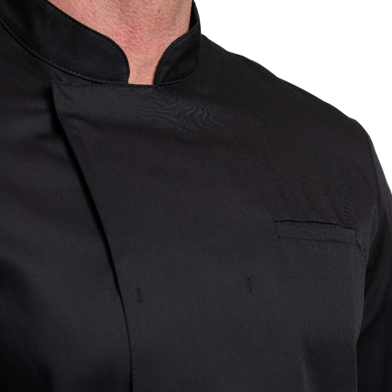 Manelli's stylish black chef coat, perfect for modern kitchen environments