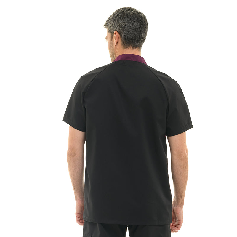 Fashionable chef jacket in black and plum, short-sleeved