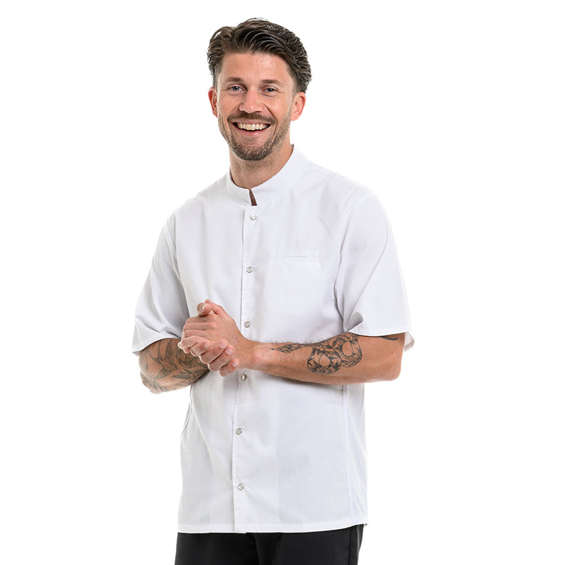 Men's Short Sleeve White Embossed Kitchen Coat - MANELLI