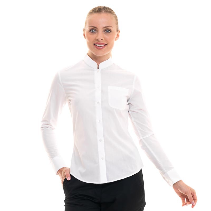 Women's White Mandarin Collar Long Sleeve Service Blouse - KARIBAN