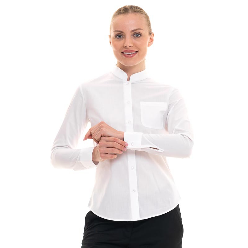 Women's White Mandarin Collar Long Sleeve Service Blouse - KARIBAN