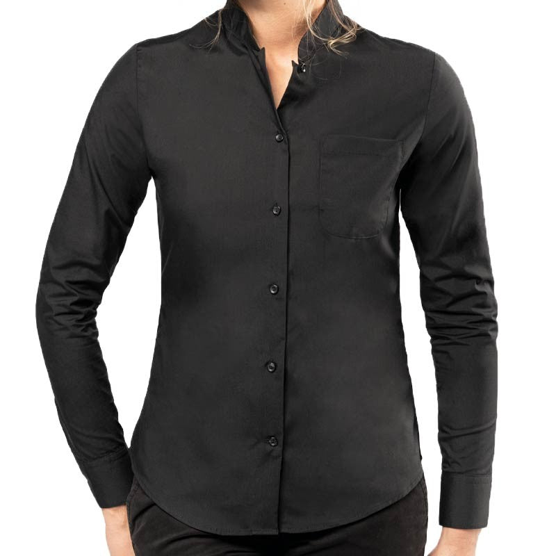 Women's Black Mandarin Collar Long Sleeve Service Blouse - KARIBAN