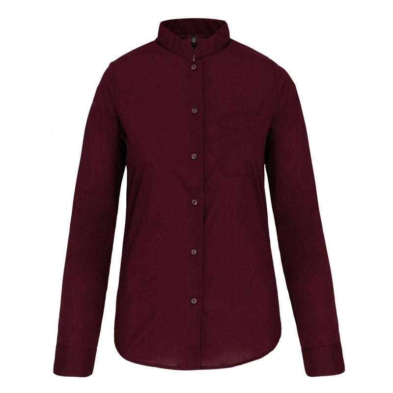 Women's Bordeaux Mandarin Collar Long Sleeve Service Blouse - KARIBAN