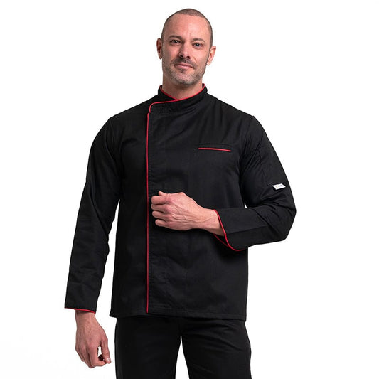 Manelli Black Long Sleeve Chef Coat with Long Red Piping - MANELLI