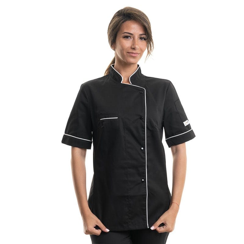 Manelli Short Sleeve / XL Women's Long Sleeve Black Kitchen Coat with White Piping - MANELLI