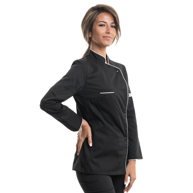 Manelli Women's Long Sleeve Black Kitchen Coat with White Piping - MANELLI