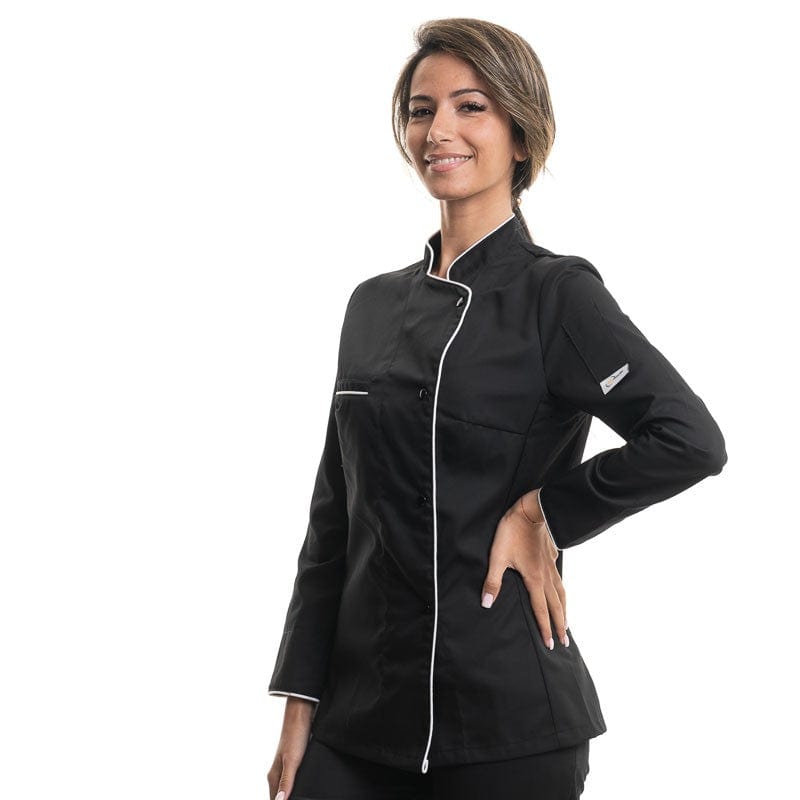 Manelli Women's Long Sleeve Black Kitchen Coat with White Piping - MANELLI