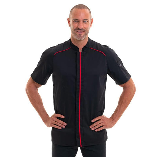 Apollo Black Short Sleeves Chef Coat with Red Piping - ROBUR