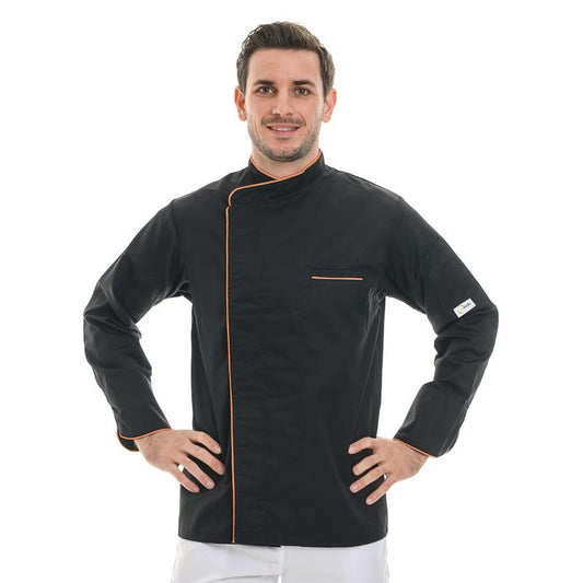 Black Long Sleeve Chef Coat with Long Orange Piping - MANELLI