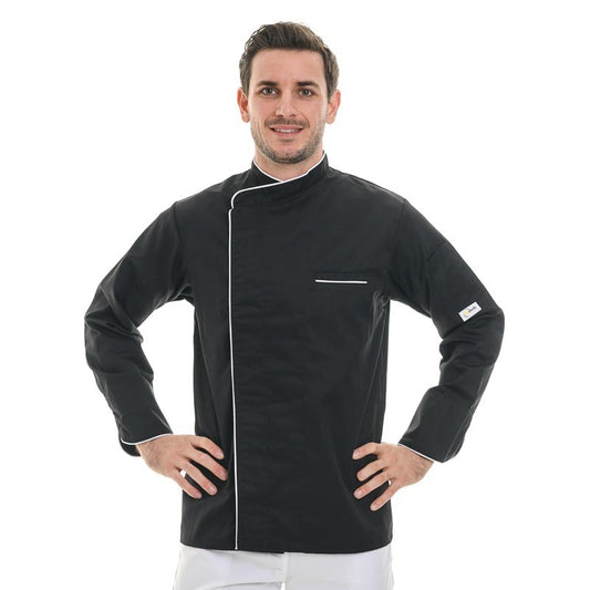 Black Long Sleeve Kitchen Coat with Long White Piping Harry - MANELLI