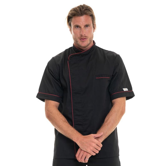 Black Short Sleeve Chef Coat with Long Burgundy Piping - MANELLI