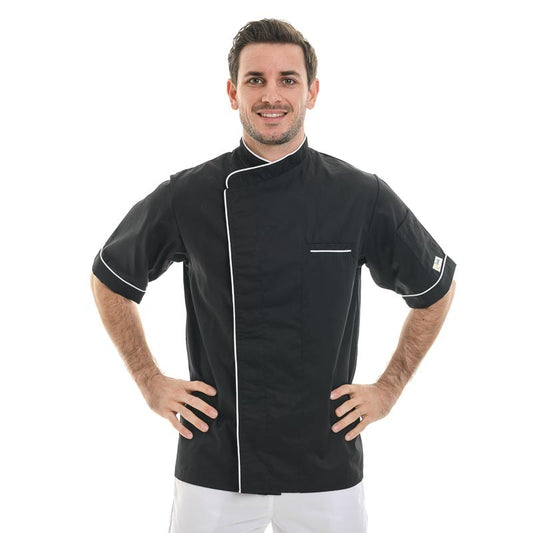 Black Short Sleeve or Long Sleeve Kitchen Coat with Long White Piping Harry - MANELLI