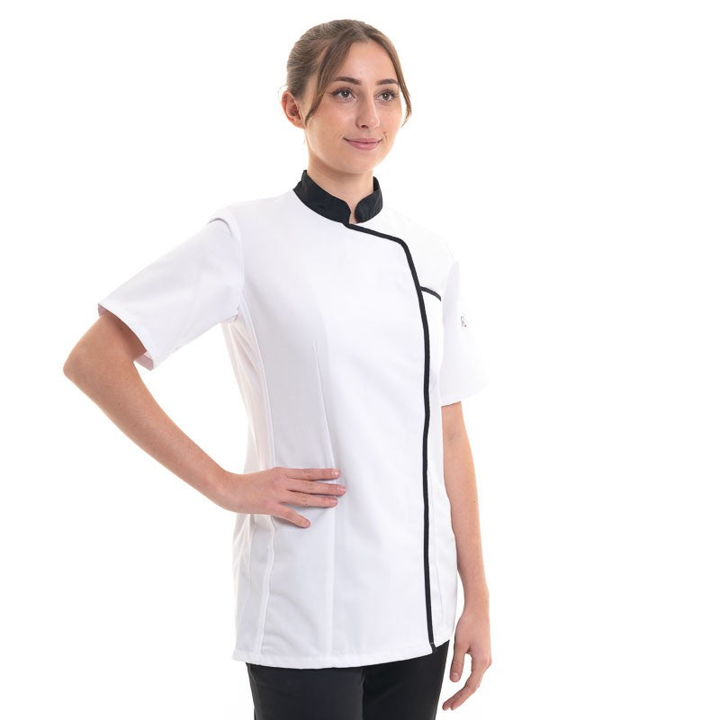 Expression Women's White Kitchen Coat with Black Piping - ROBUR