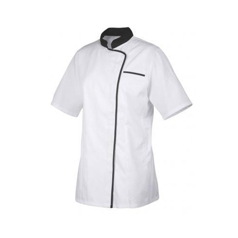 Expression Women's White Kitchen Coat with Black Piping - ROBUR