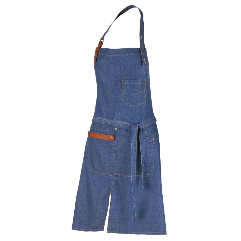 Harold Denim Washed Cognac Leather Bib Apron - ROBUR