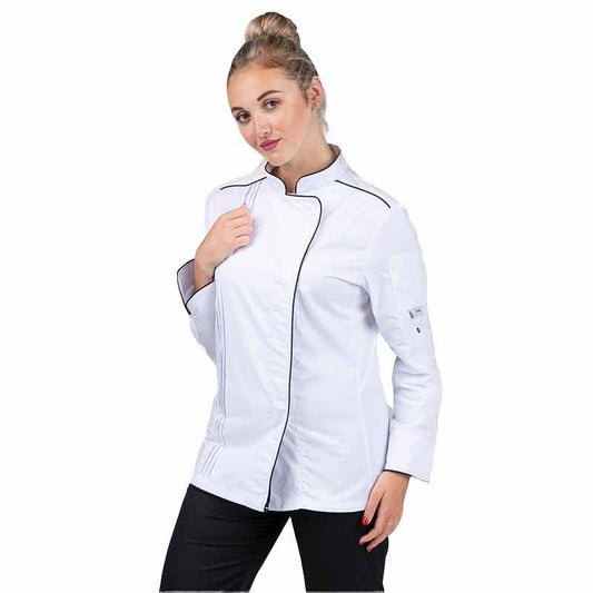 Orchestra Women's White Kitchen Coat with Black Piping - MANELLI