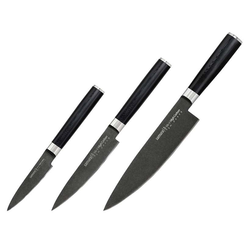 Set of 3 Knives (Chef, Paring, Utility) MO-V STONEWASH - SAMURA