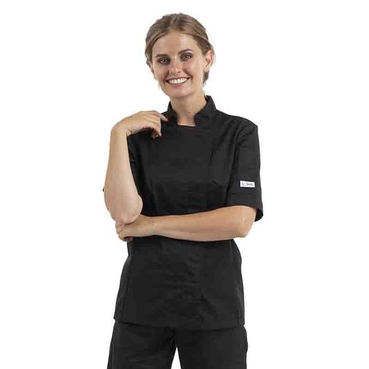 Women's Black Short Sleeve Chef Coat with Ventilated Back - MANELLI