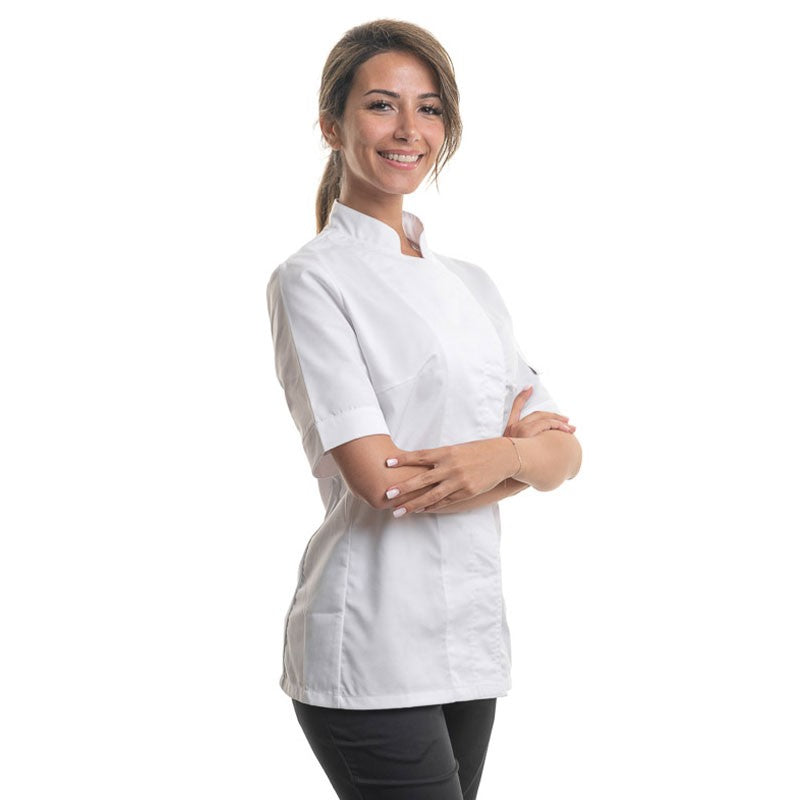 Women's White Kitchen Coat Short Sleeves Large Size - MANELLI