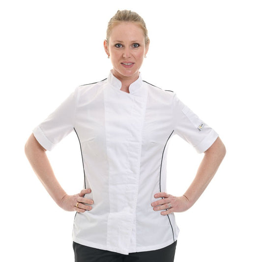 Women's White Kitchen Coat with Black Piping Side Ventilation Short Sleeves - MANELLI