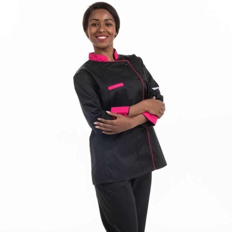 Manelli Black Kitchen Coat with Pink Piping Short Sleeve - MANELLI