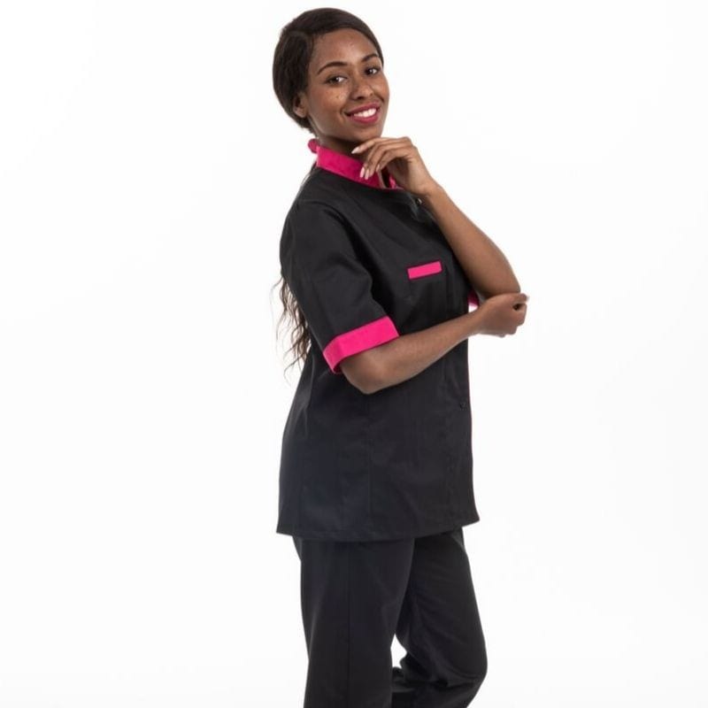 Manelli Black Kitchen Coat with Pink Piping Short Sleeve - MANELLI