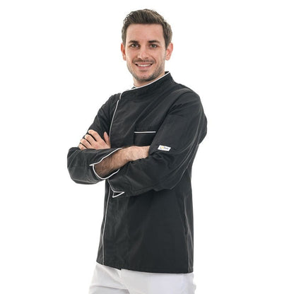 Manelli Black Long Sleeve Kitchen Coat with Long White Piping - MANELLI