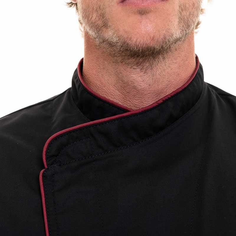 Manelli Black Short Sleeve Chef Coat with Long Burgundy Piping - MANELLI