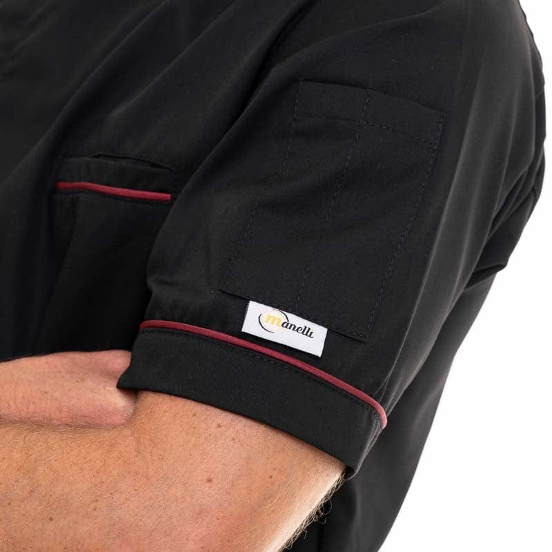 Manelli Black Short Sleeve Chef Coat with Long Burgundy Piping - MANELLI