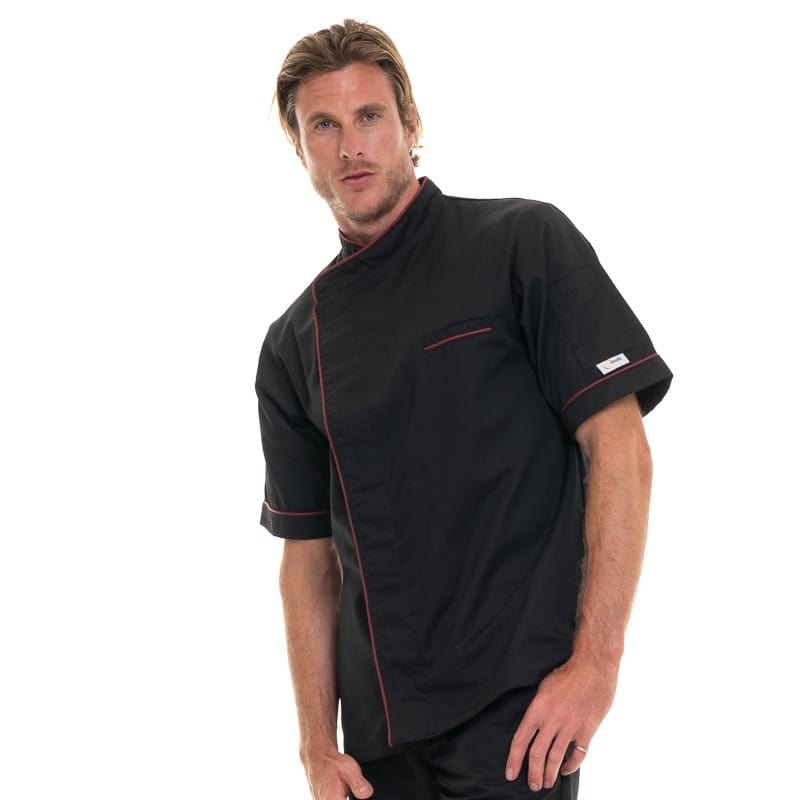 Manelli Black Short Sleeve Chef Coat with Long Burgundy Piping - MANELLI