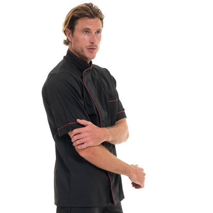 Manelli Black Short Sleeve Chef Coat with Long Burgundy Piping - MANELLI