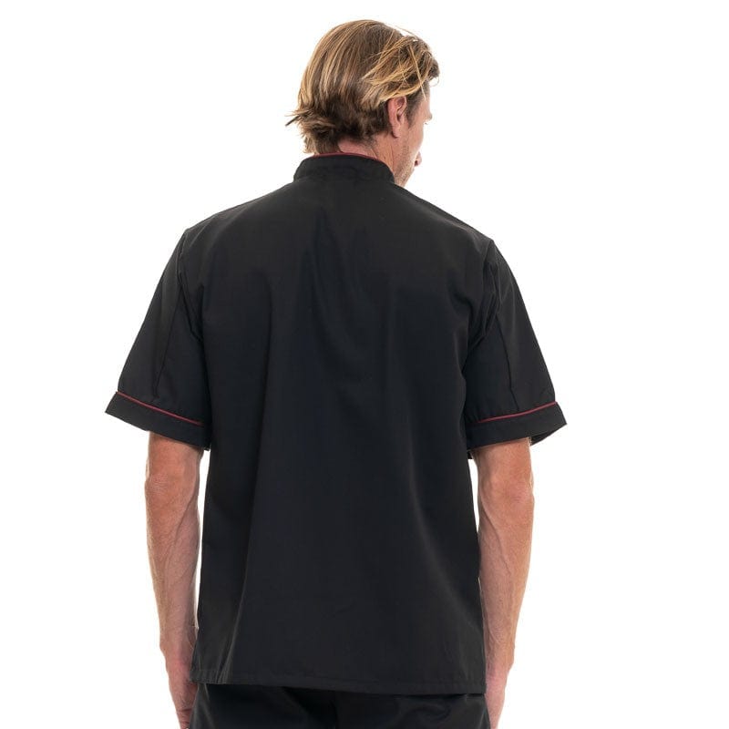 Manelli Black Short Sleeve Chef Coat with Long Burgundy Piping - MANELLI