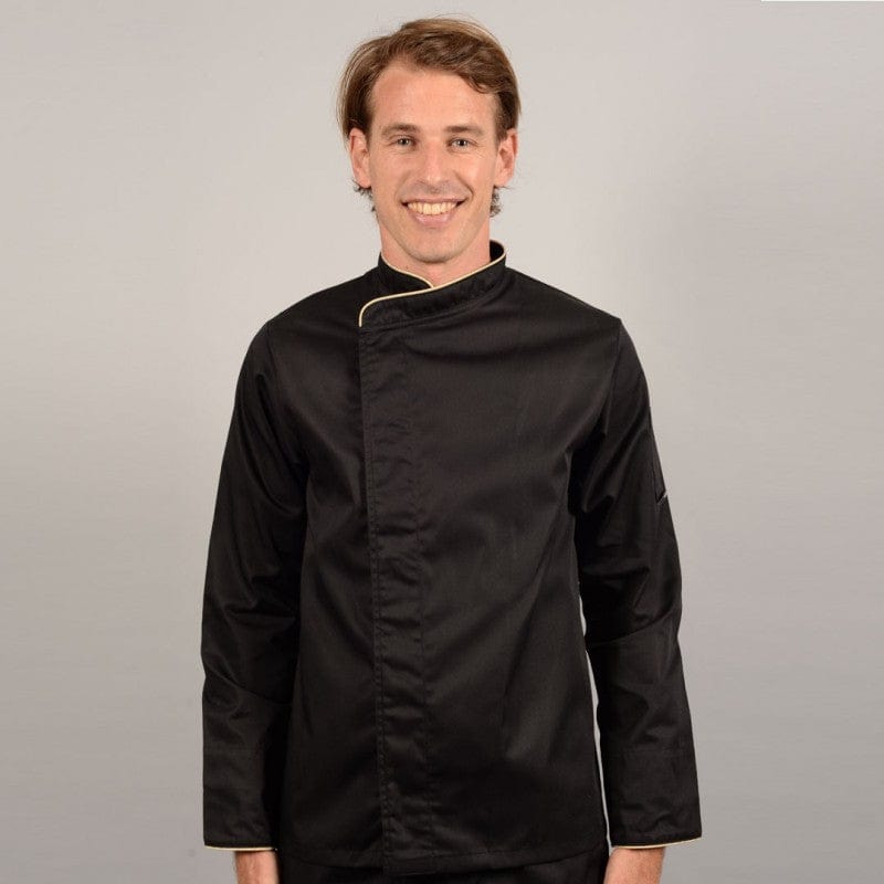 Manelli Black Short Sleeve or Long Sleeve Chef Coat with Beige Piping - MANELLI