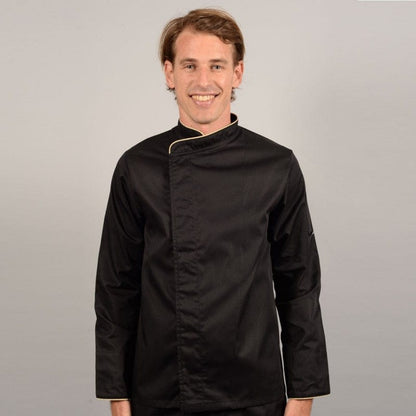 Manelli Black Short Sleeve or Long Sleeve Chef Coat with Beige Piping - MANELLI