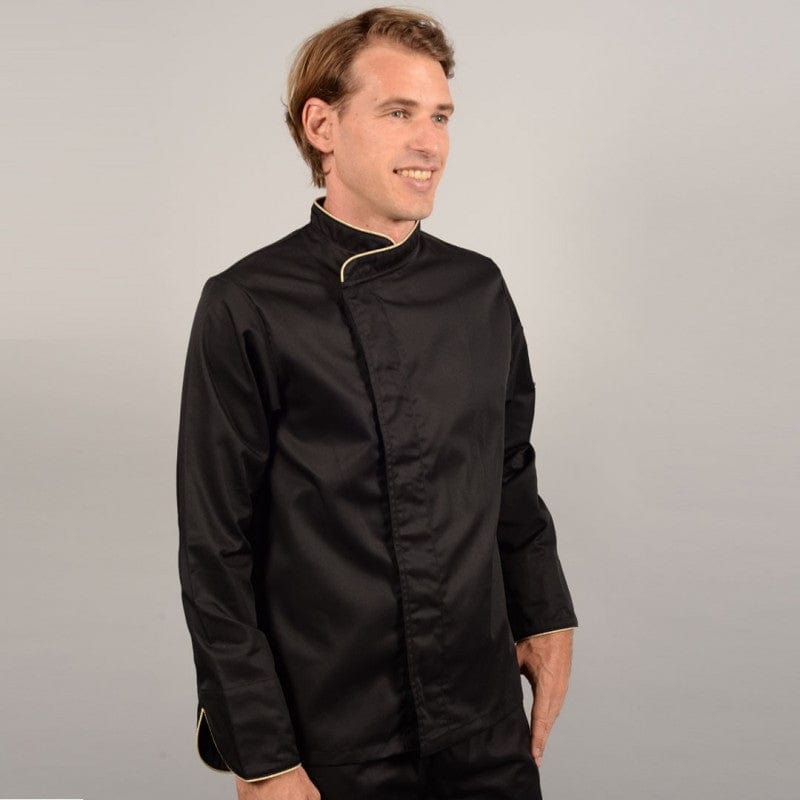 Manelli Black Short Sleeve or Long Sleeve Chef Coat with Beige Piping - MANELLI