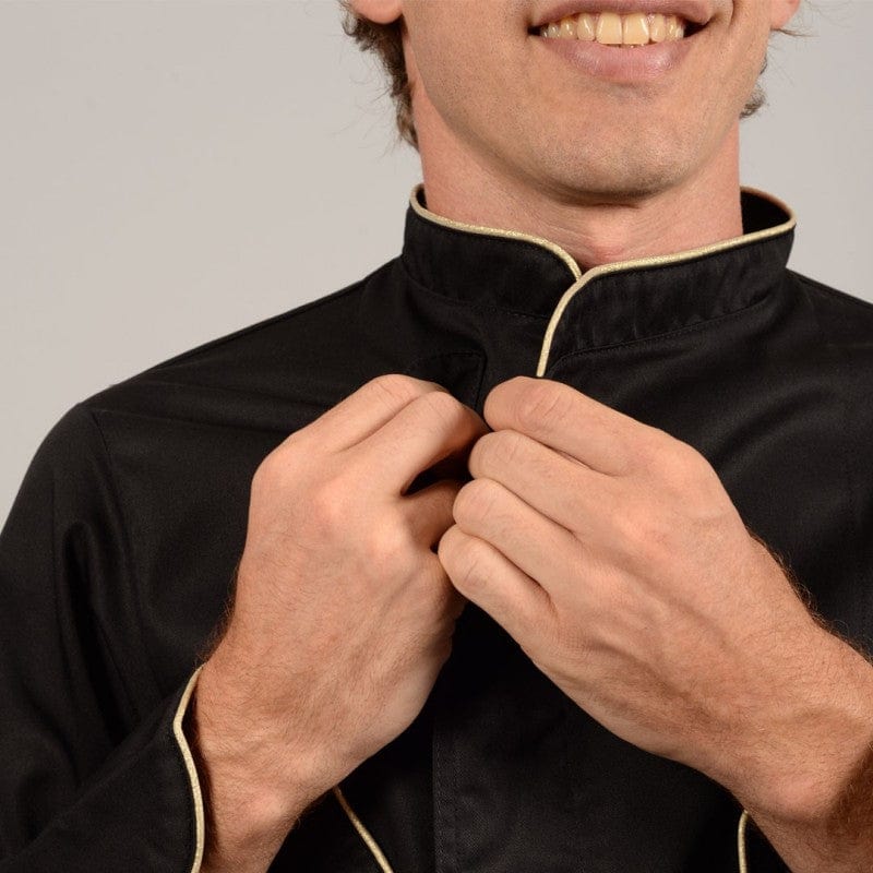 Manelli Black Short Sleeve or Long Sleeve Chef Coat with Beige Piping - MANELLI