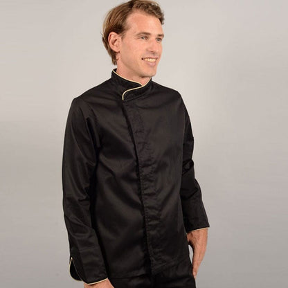 Manelli Black Short Sleeve or Long Sleeve Chef Coat with Beige Piping - MANELLI