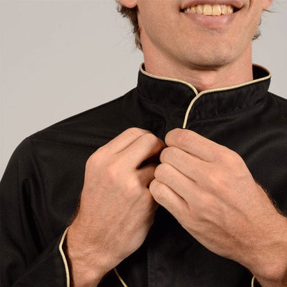 Manelli Black Short Sleeve or Long Sleeve Chef Coat with Beige Piping - MANELLI